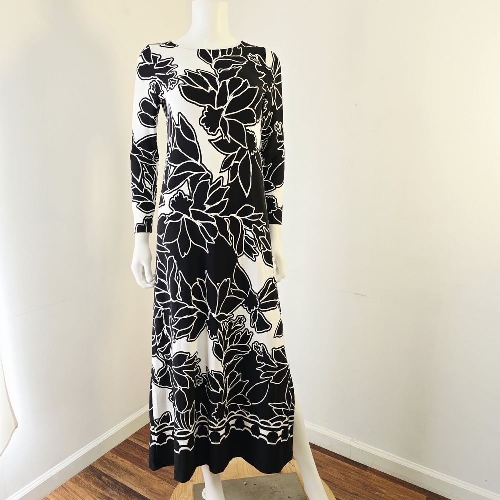 Chicos Bateau Neck Jersey Floral Maxi Dress Size 00 XS Black White Long Sleeve